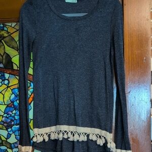 Chic Blue Long Sleeve Top with Tassel Details